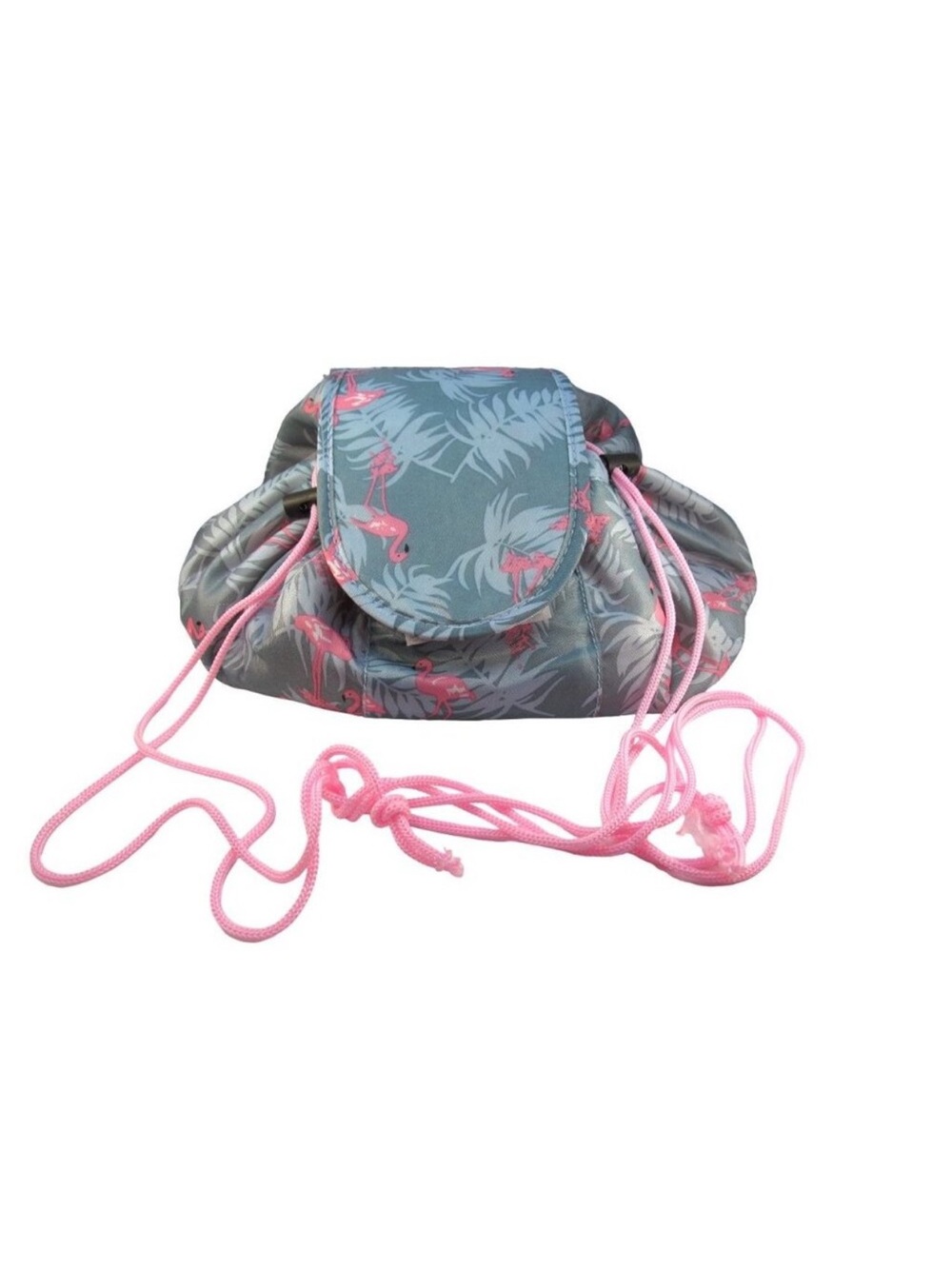 set of 2 Gray Flamingo Print Drawstring Makeup Pouch pink Cord green travel bag